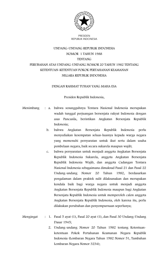 Undang-Undang Nomor 1 Tahun 1988