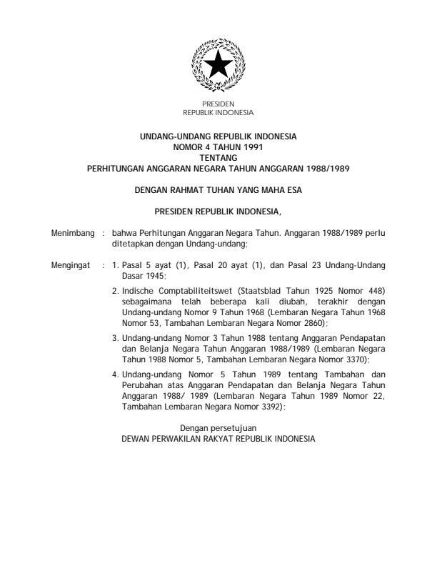 Undang-Undang Nomor 4 Tahun 1991
