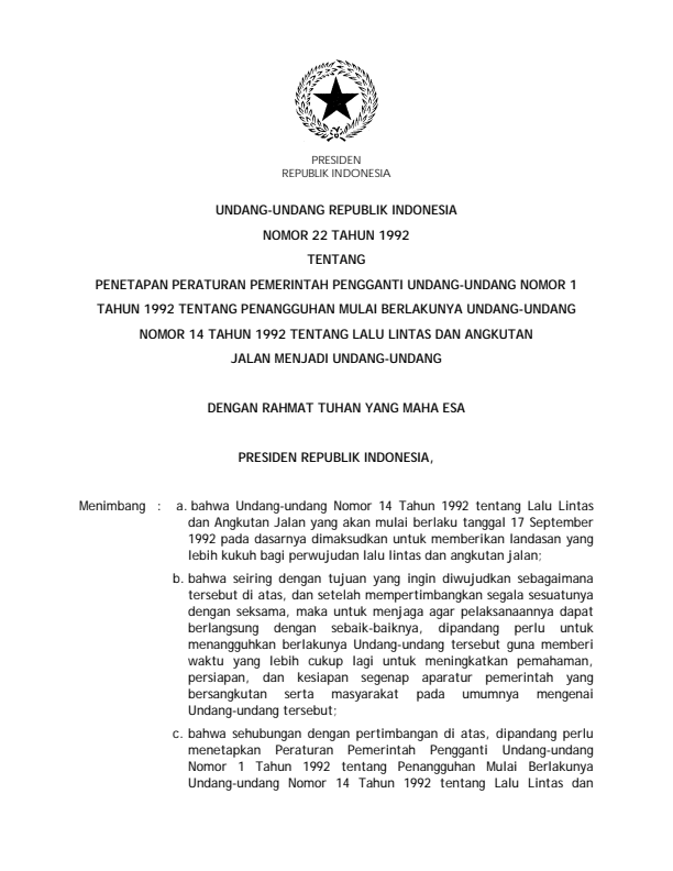 Undang-Undang Nomor 22 Tahun 1992