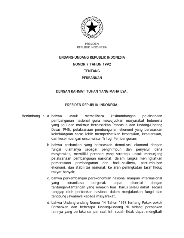 Undang-Undang Nomor 7 Tahun 1992