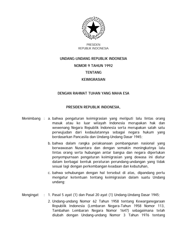 Undang-Undang Nomor 9 Tahun 1992