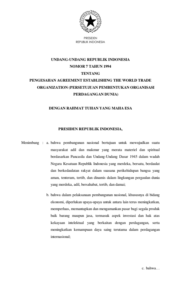 Undang-Undang Nomor 7 Tahun 1994