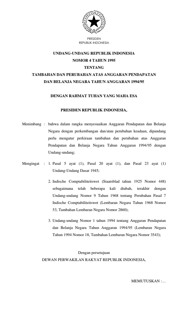 Undang-Undang Nomor 4 Tahun 1995