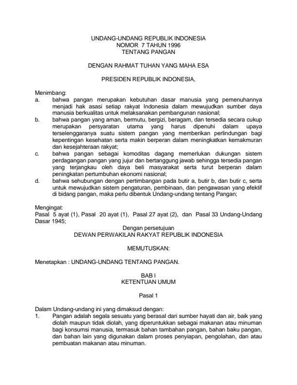 Undang-Undang Nomor 7 Tahun 1996