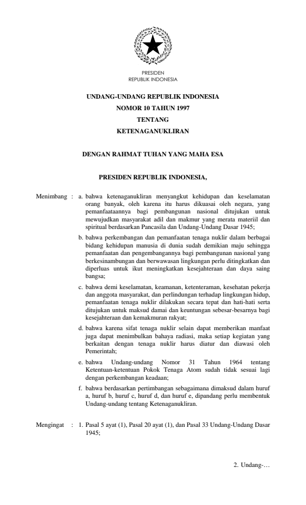 Undang-Undang Nomor 10 Tahun 1997