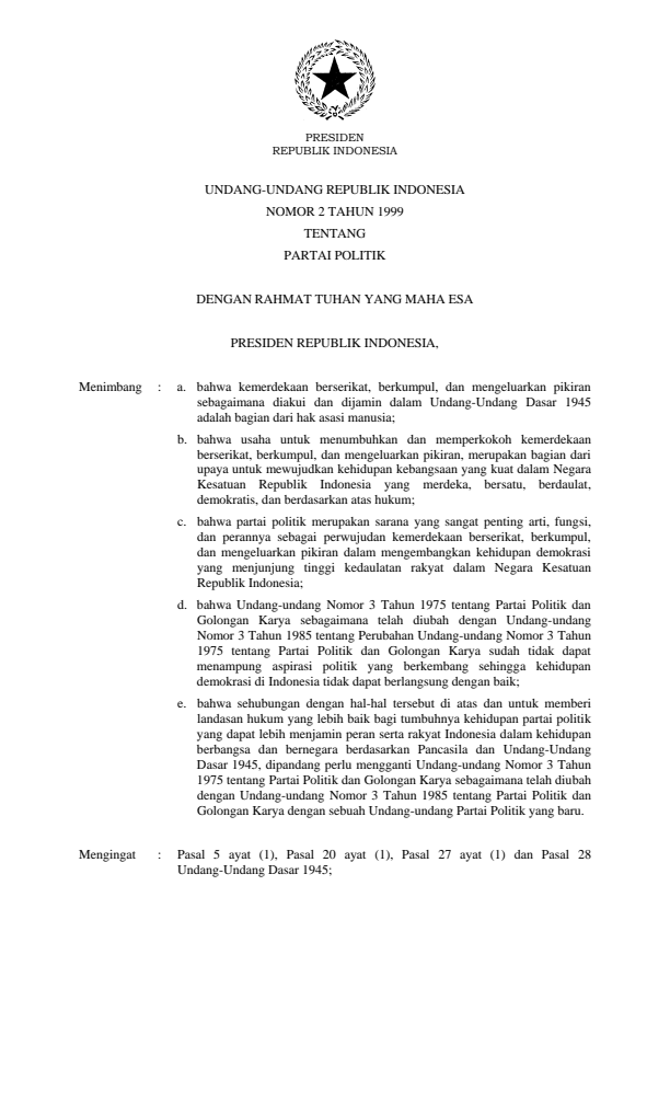 Undang-Undang Nomor 2 Tahun 1999