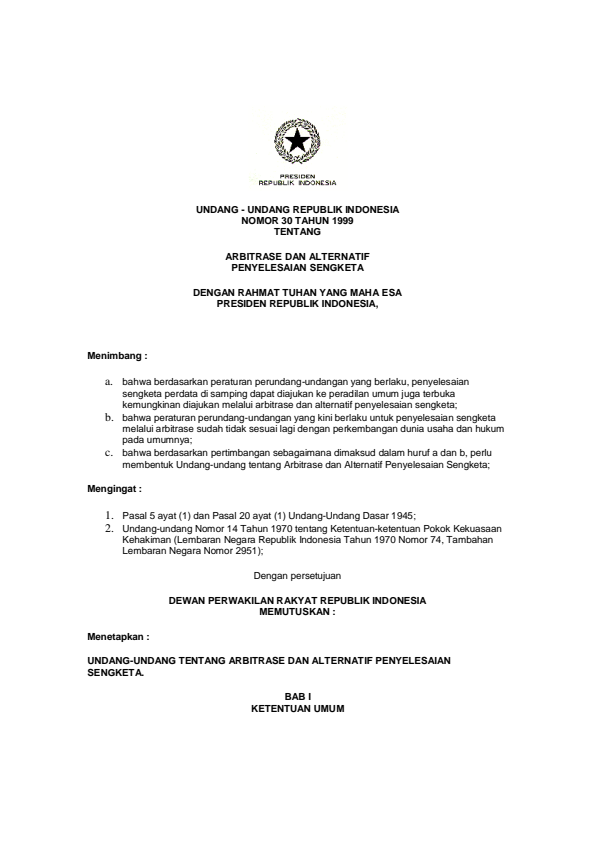 Undang-Undang Nomor 30 Tahun 1999