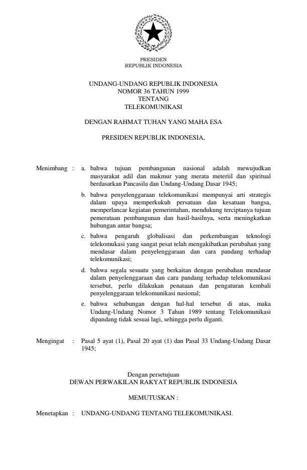 Undang-Undang Nomor 36 Tahun 1999