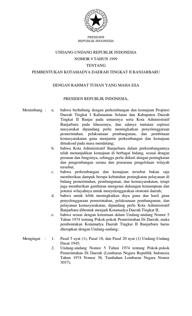 Undang-Undang Nomor 9 Tahun 1999