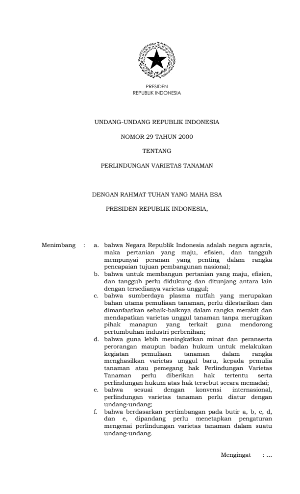 Undang-Undang Nomor 29 Tahun 2000