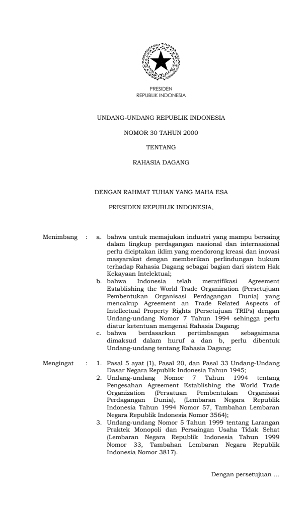 Undang-Undang Nomor 30 Tahun 2000