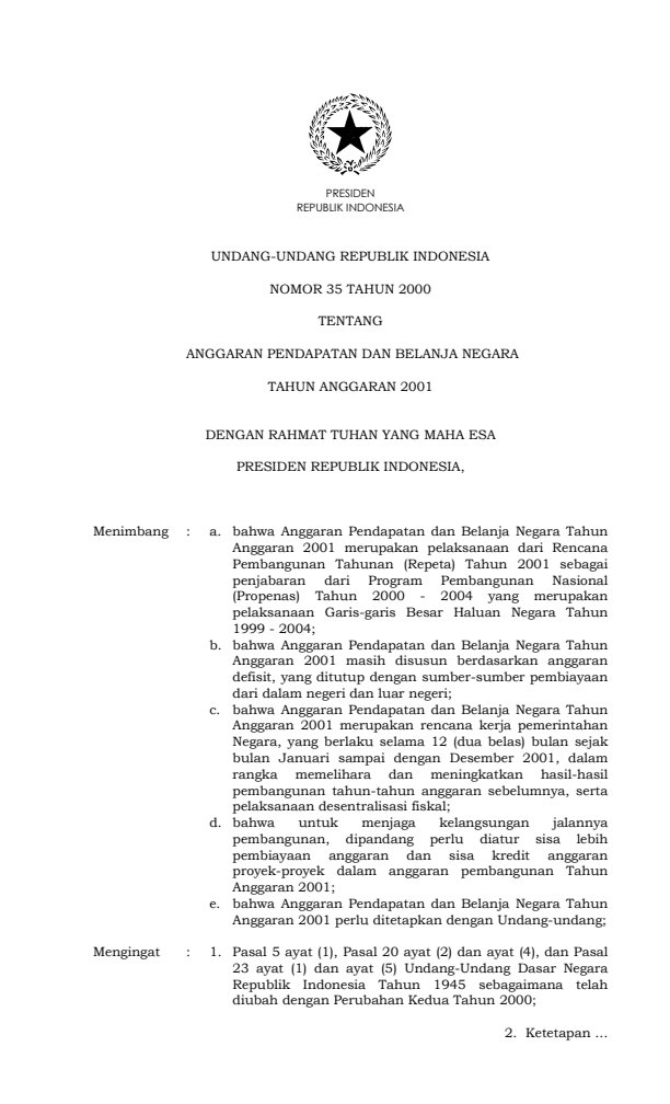 Undang-Undang Nomor 35 Tahun 2000