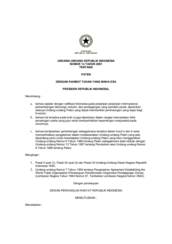 Undang-Undang Nomor 14 Tahun 2001