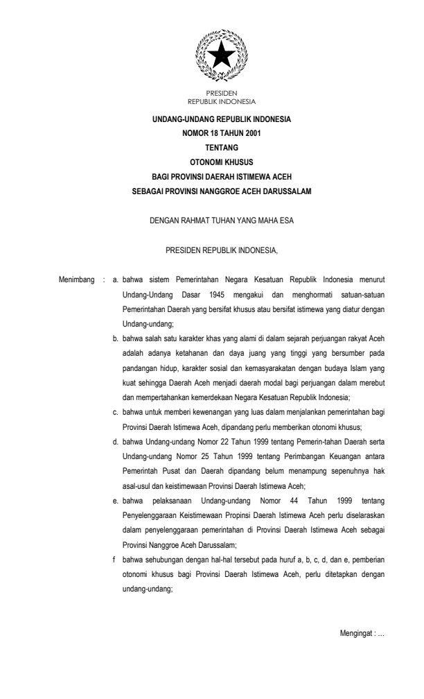 Undang-Undang Nomor 18 Tahun 2001