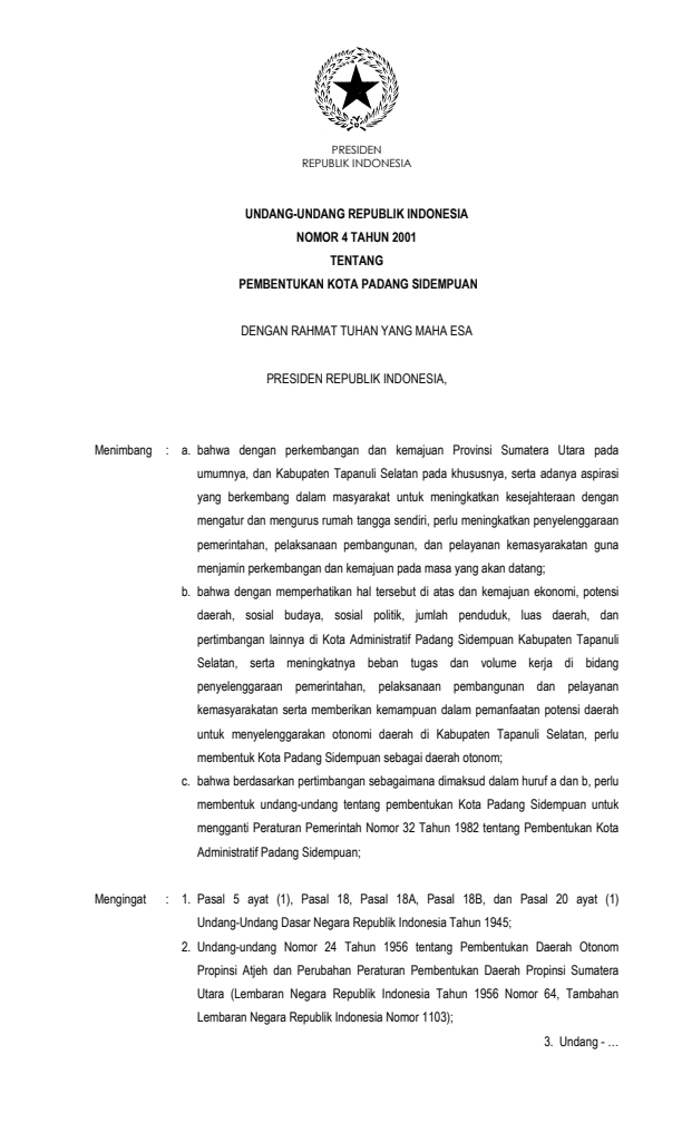 Undang-Undang Nomor 4 Tahun 2001