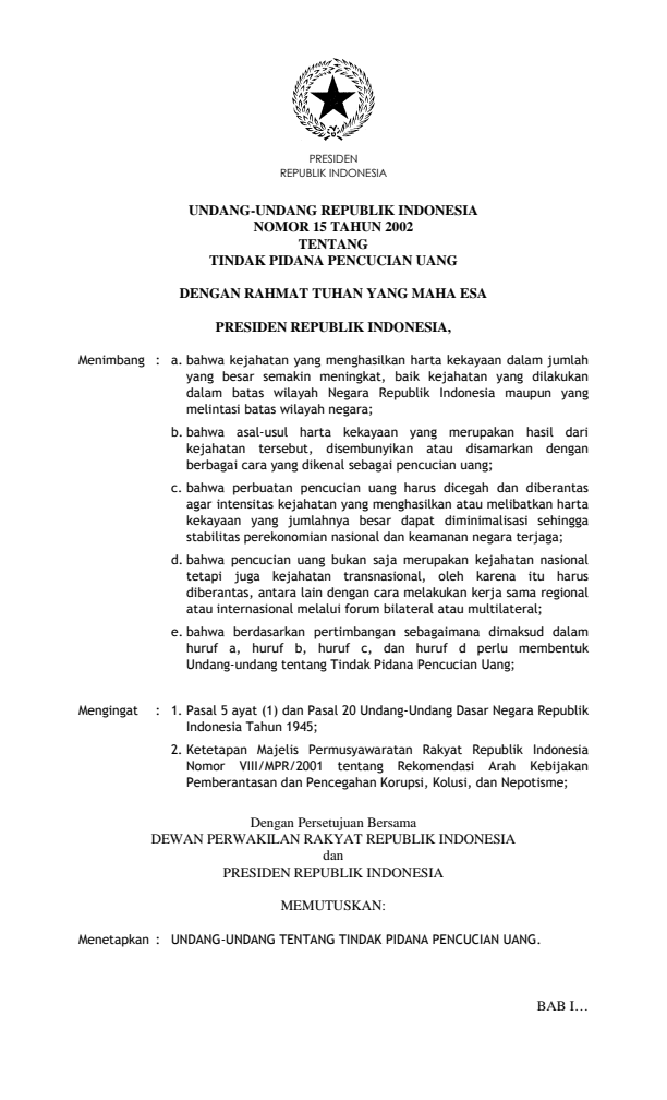 Undang-Undang Nomor 15 Tahun 2002