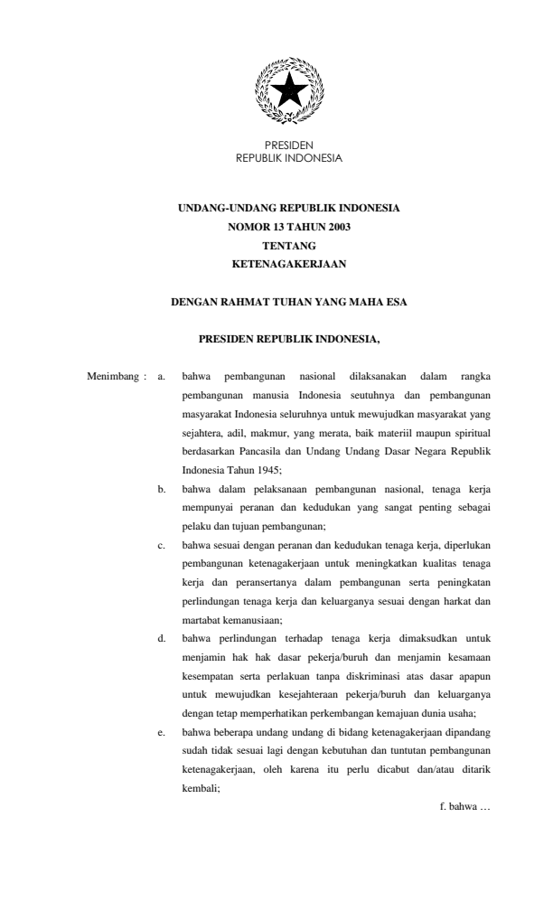 Undang-Undang Nomor 13 Tahun 2003