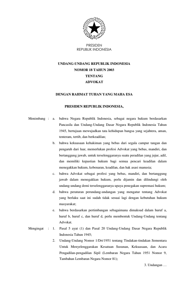 Undang-Undang Nomor 18 Tahun 2003