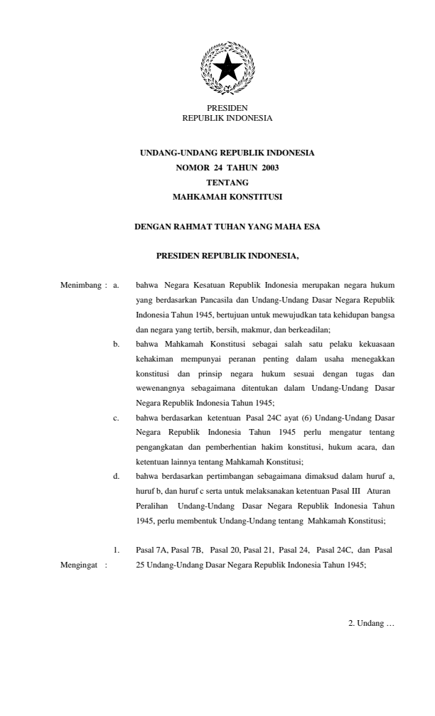 Undang-Undang Nomor 24 Tahun 2003