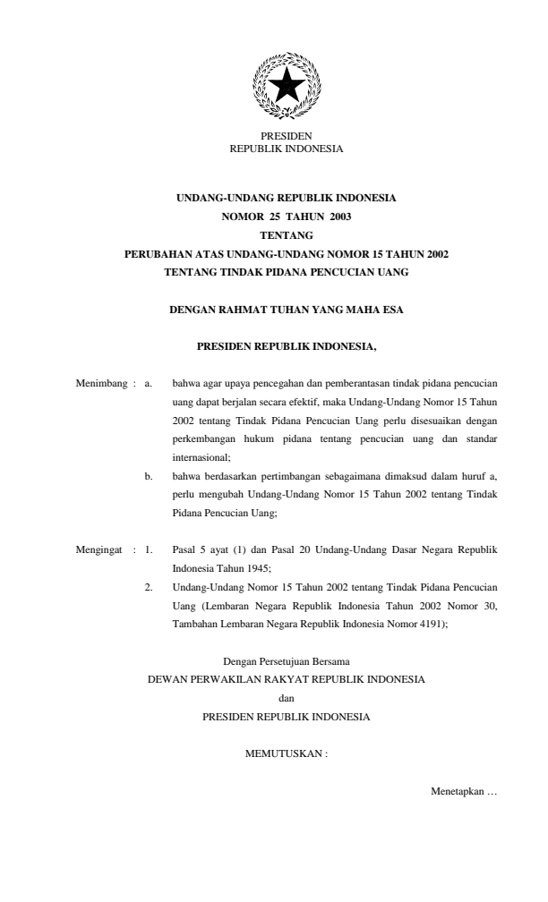 Undang-Undang Nomor 25 Tahun 2003