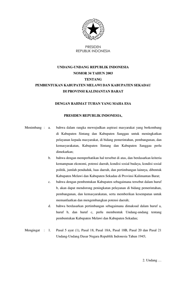 Undang-Undang Nomor 34 Tahun 2003