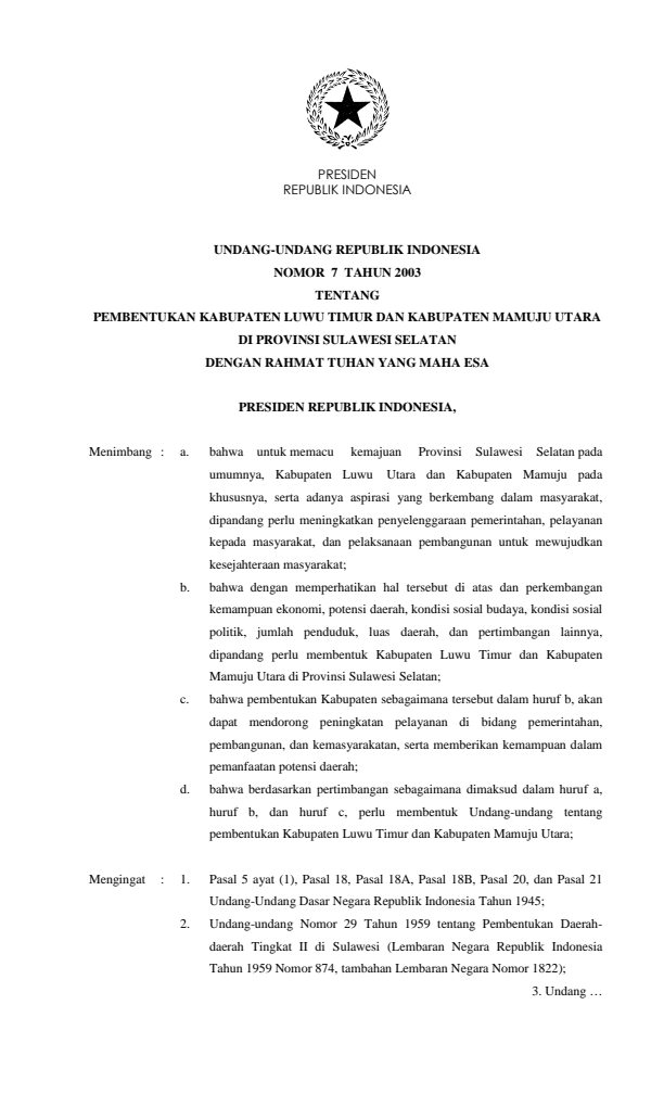 Undang-Undang Nomor 7 Tahun 2003