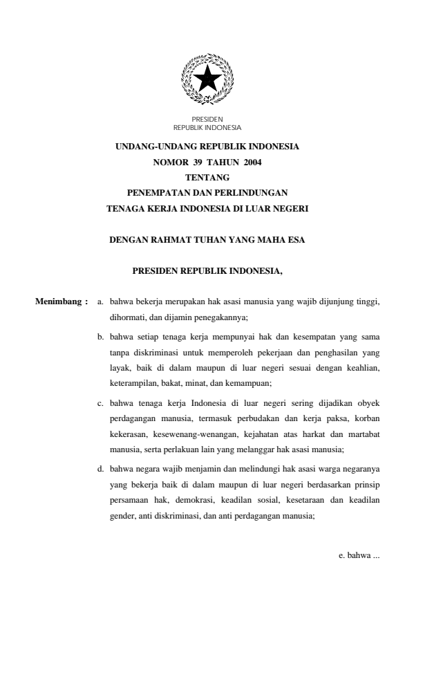 Undang-Undang Nomor 39 Tahun 2004