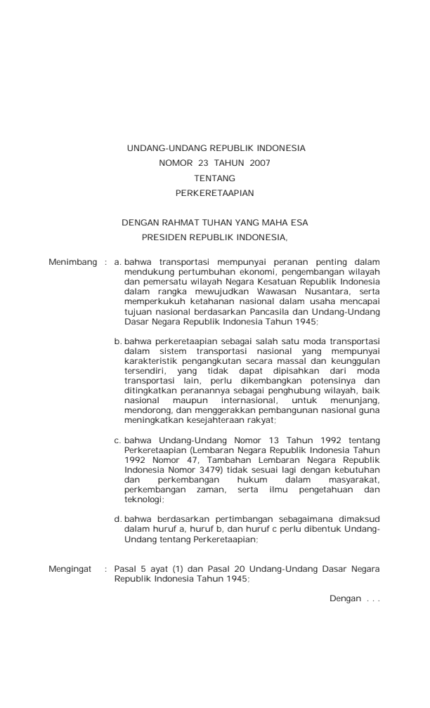 Undang-Undang Nomor 23 Tahun 2007