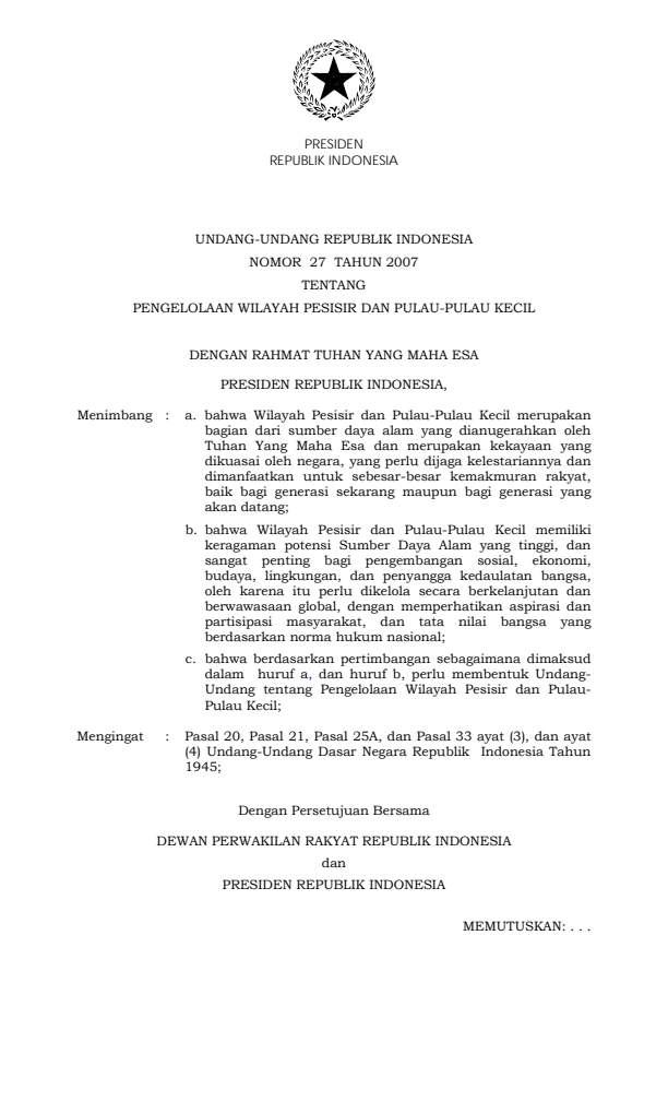 Undang-Undang Nomor 27 Tahun 2007
