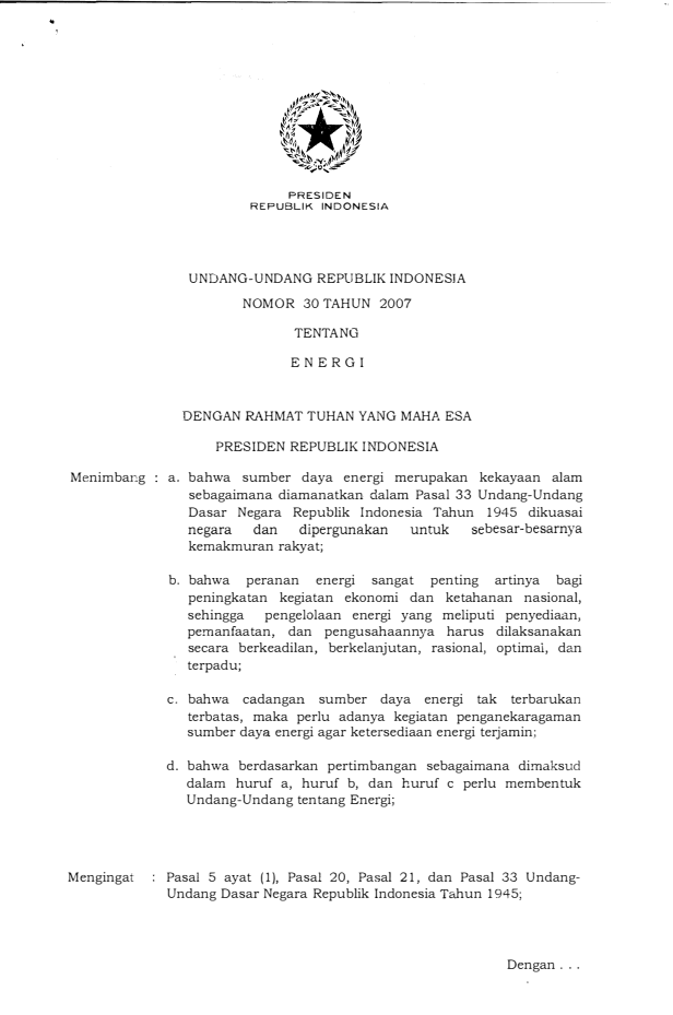 Undang-Undang Nomor 30 Tahun 2007