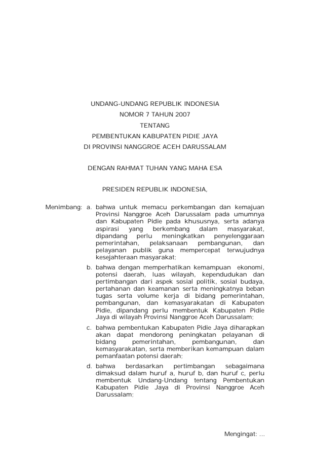 Undang-Undang Nomor 7 Tahun 2007