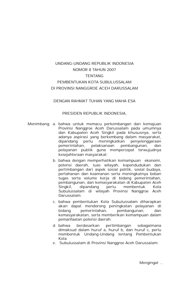 Undang-Undang Nomor 8 Tahun 2007