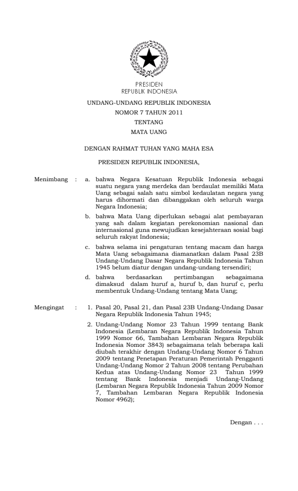 Undang-Undang Nomor 7 Tahun 2011