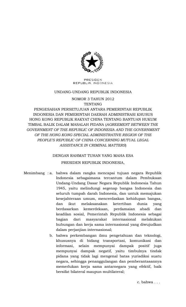 Undang-Undang Nomor 3 Tahun 2012