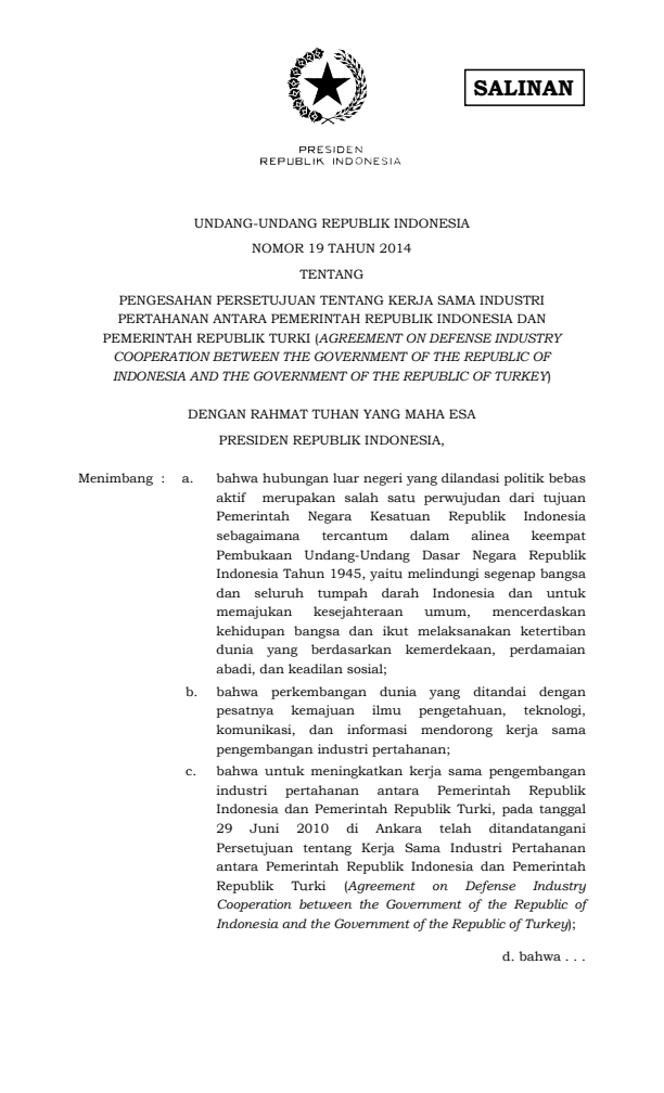 Undang-Undang Nomor 19 Tahun 2014