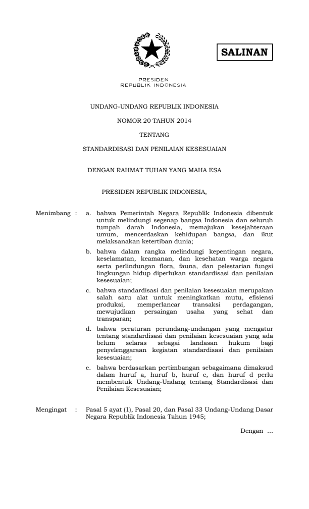 Undang-Undang Nomor 20 Tahun 2014