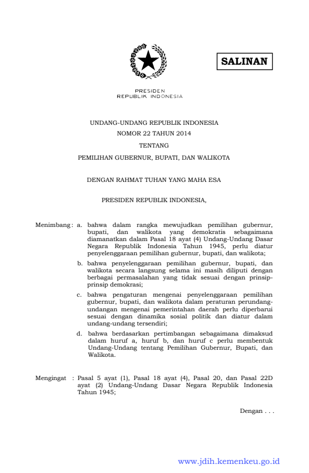 Undang-Undang Nomor 22 Tahun 2014