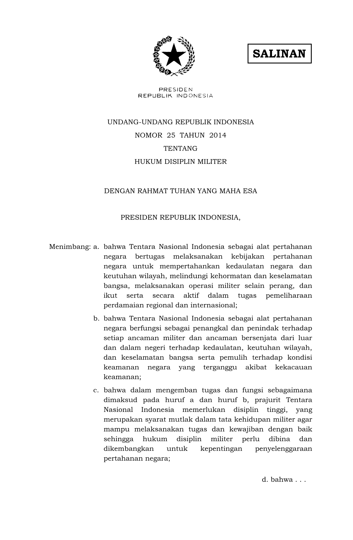 Undang-Undang Nomor 25 Tahun 2014