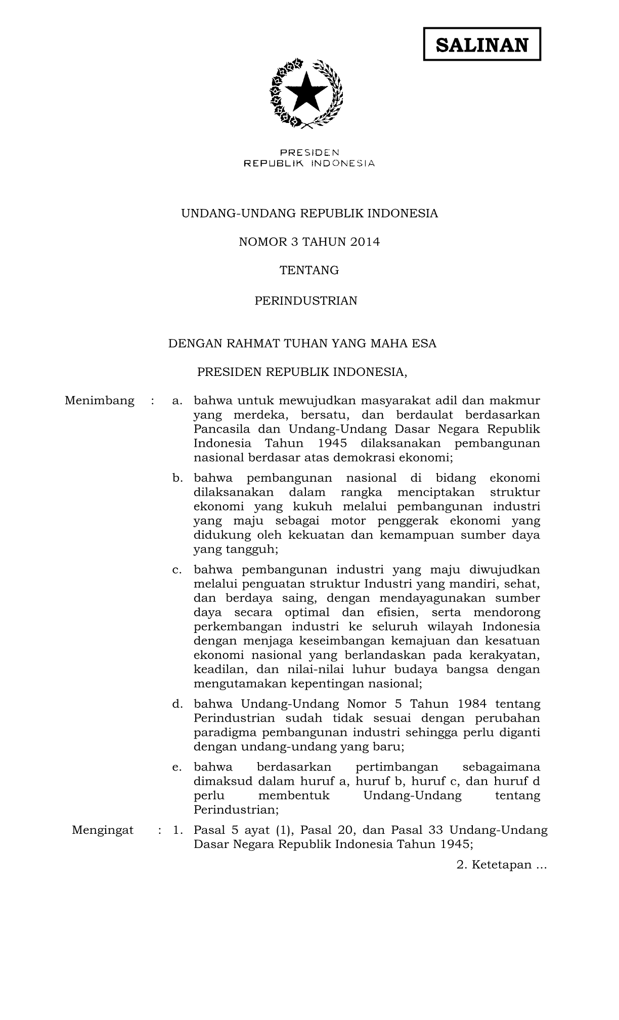 Undang-Undang Nomor 3 Tahun 2014