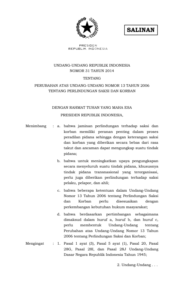 Undang-Undang Nomor 31 Tahun 2014