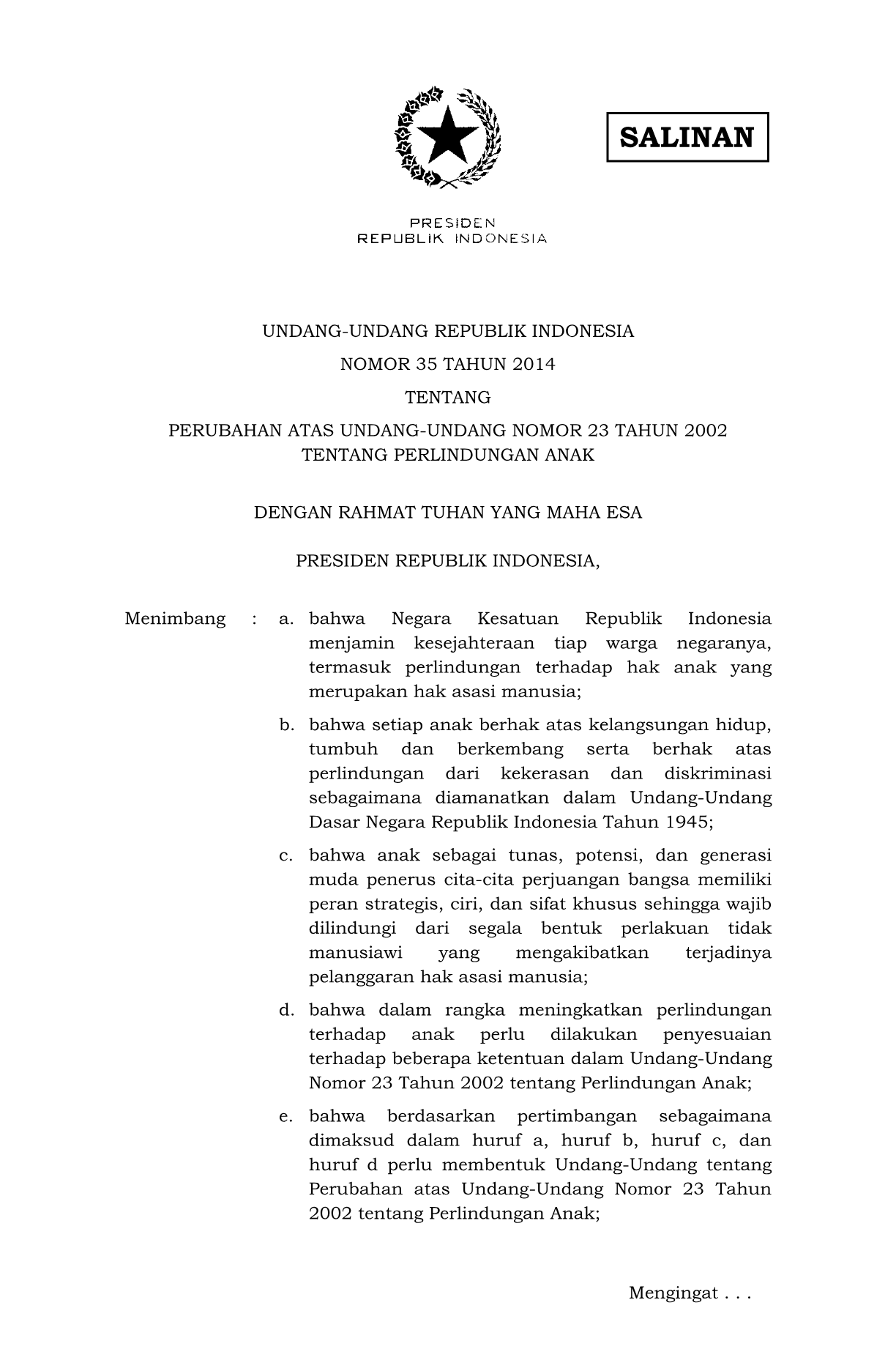 Undang-Undang Nomor 35 Tahun 2014