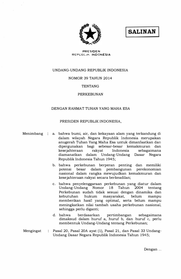 Undang-Undang Nomor 39 Tahun 2014