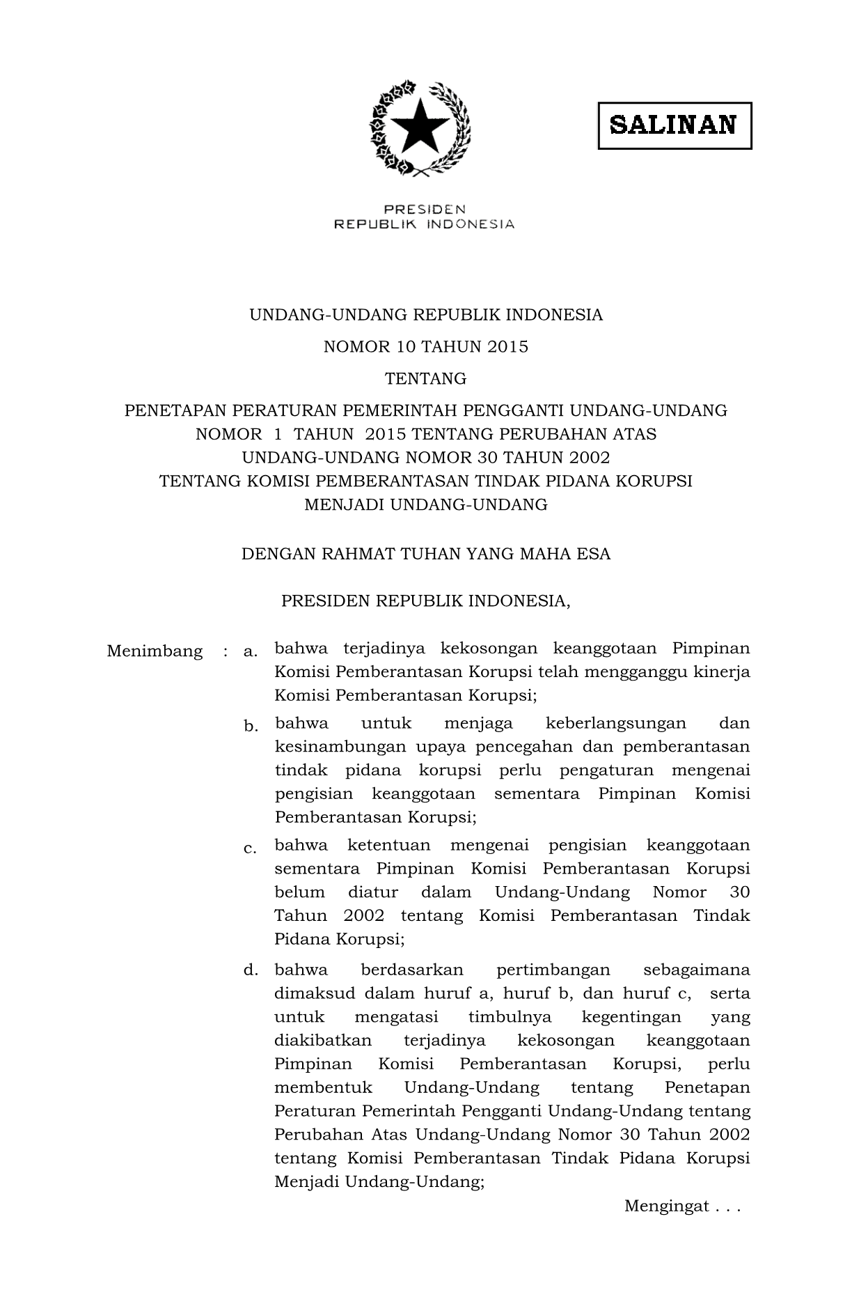 Undang-Undang Nomor 10 Tahun 2015