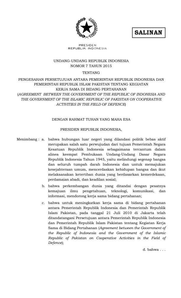 Undang-Undang Nomor 7 Tahun 2015