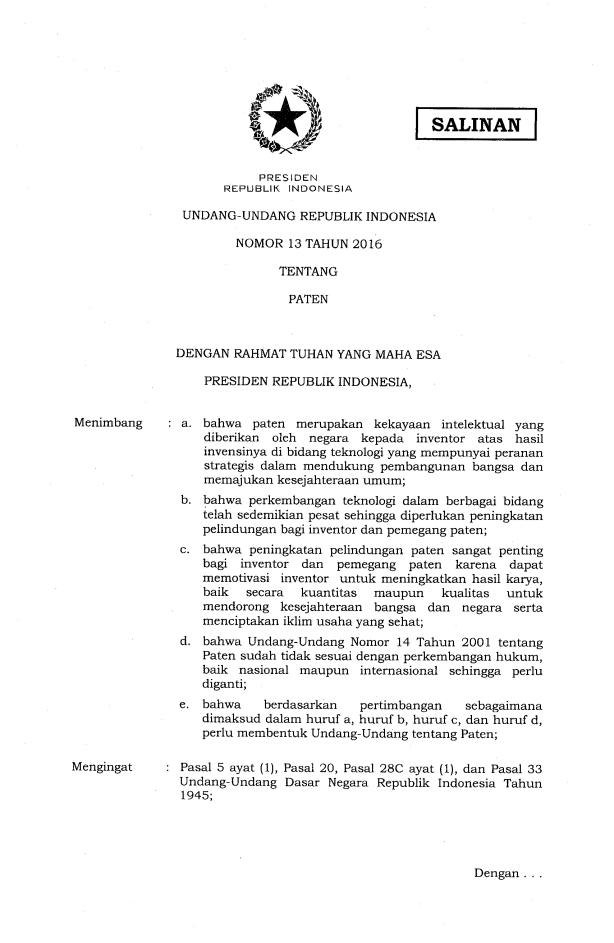 Undang-Undang Nomor 13 Tahun 2016