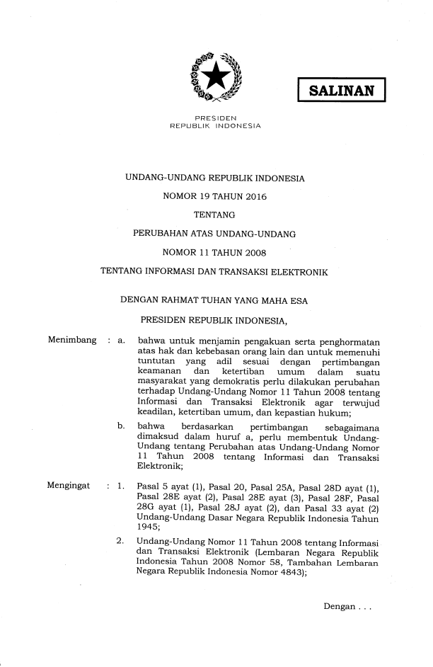 Undang-Undang Nomor 19 Tahun 2016