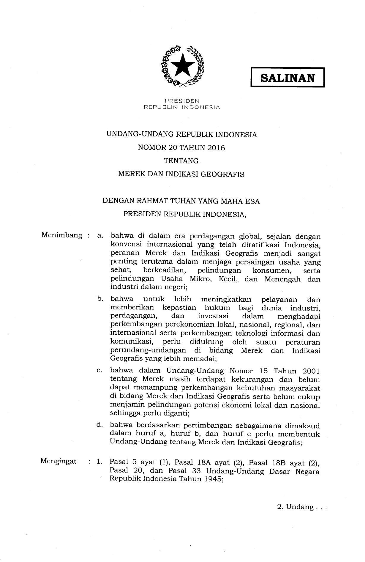 Undang-Undang Nomor 20 Tahun 2016