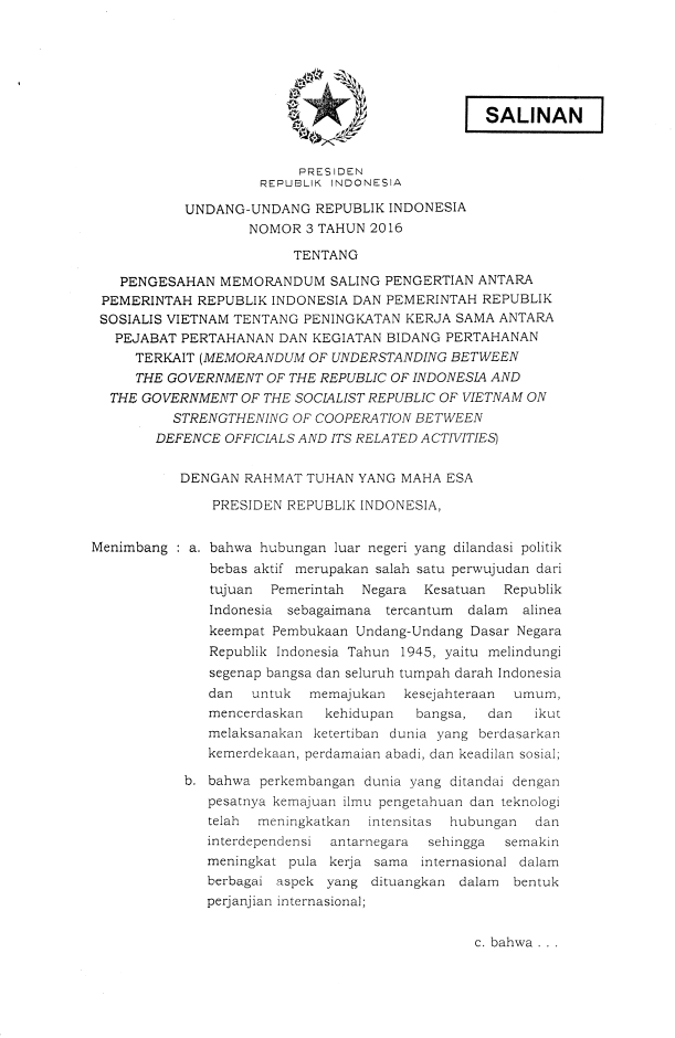 Undang-Undang Nomor 3 Tahun 2016