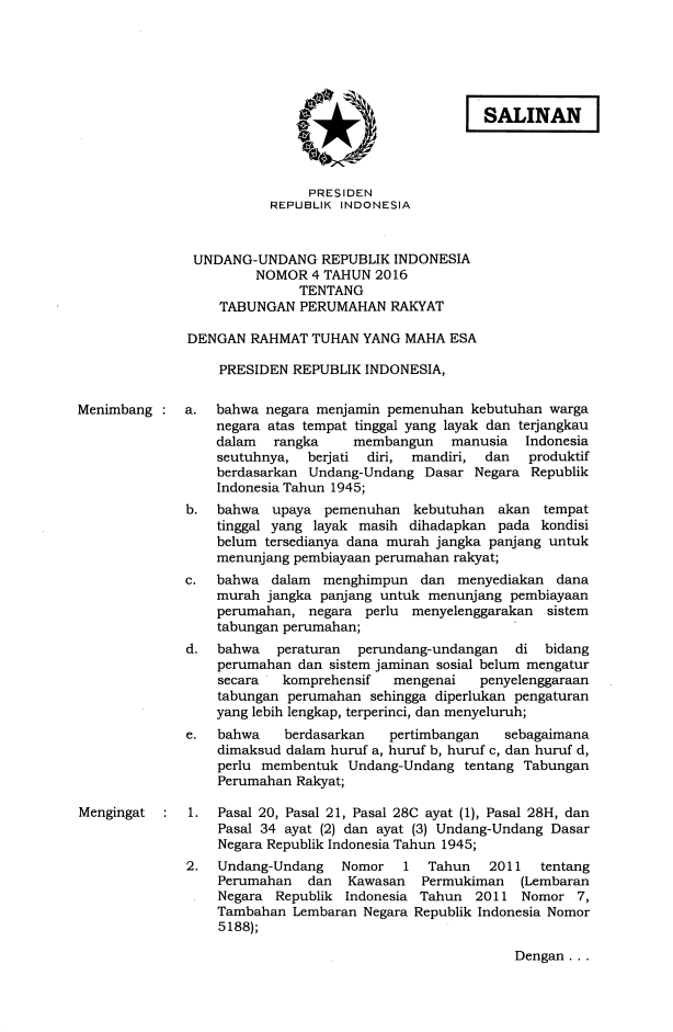 Undang-Undang Nomor 4 Tahun 2016