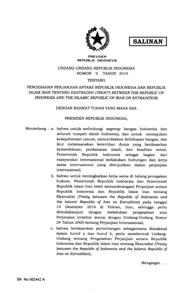 Undang-Undang Nomor 9 Tahun 2019